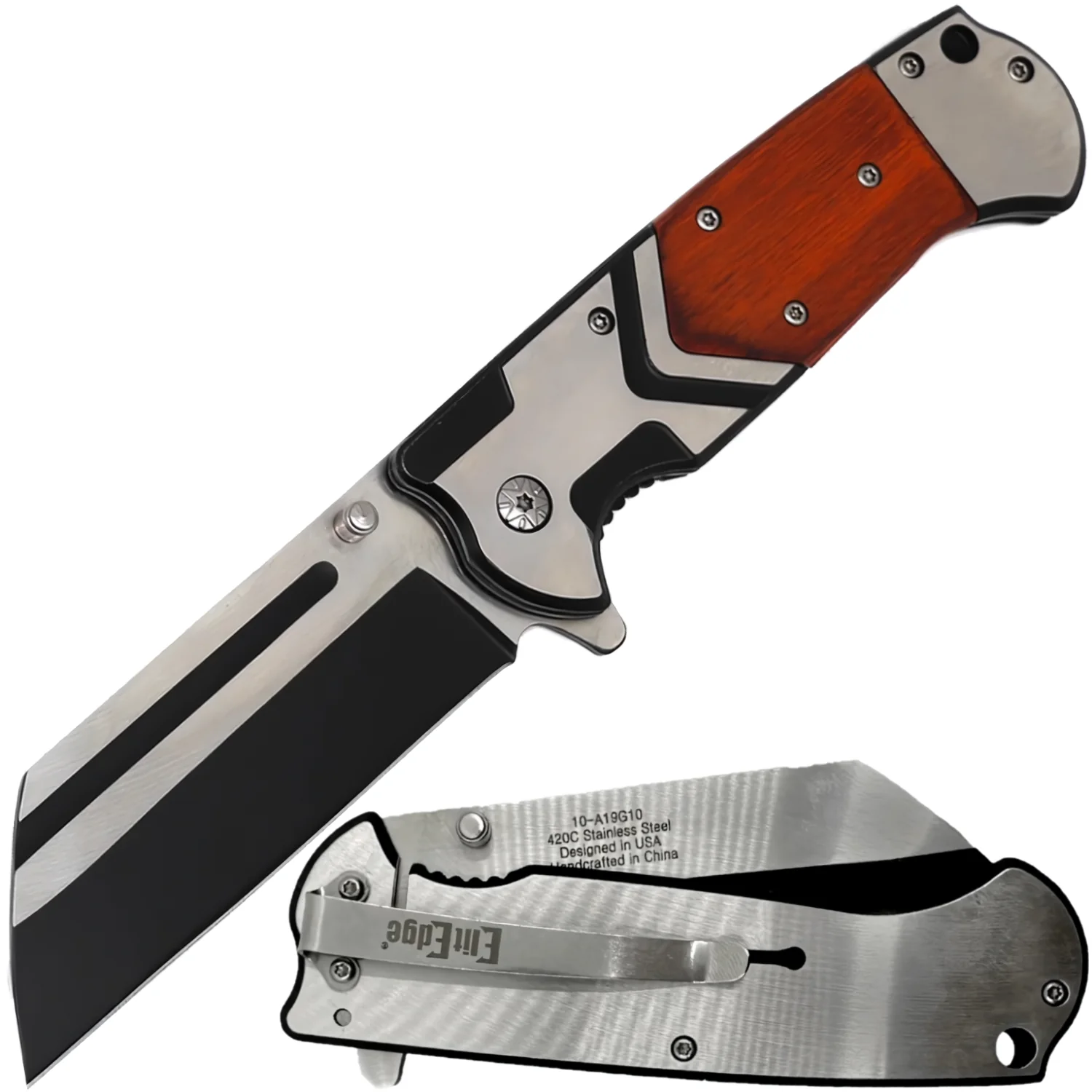 ElitEdge Spring Assisted Stainless Steel Cleaver Blade Pocket Knife 3.75"